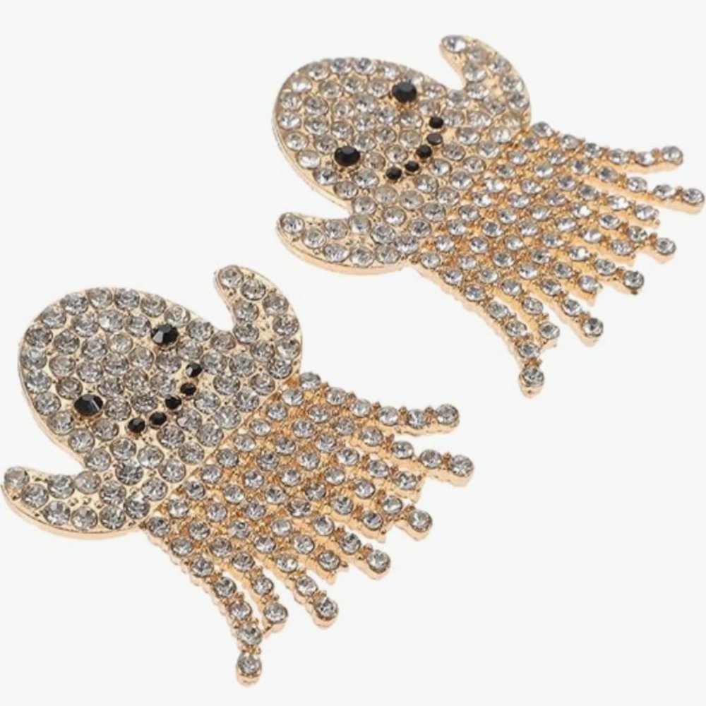 Pave Rhinestone Smiling Ghost Post Earrings CZ Crystal Gold Happy Halloween New - Picture 2 of 3